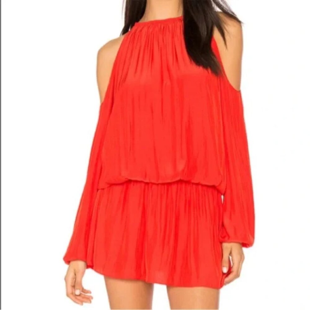 Ramy Brook Lauren Red Satin Long Sleeve Cold Shoulder Smocked Mini Holiday Dress